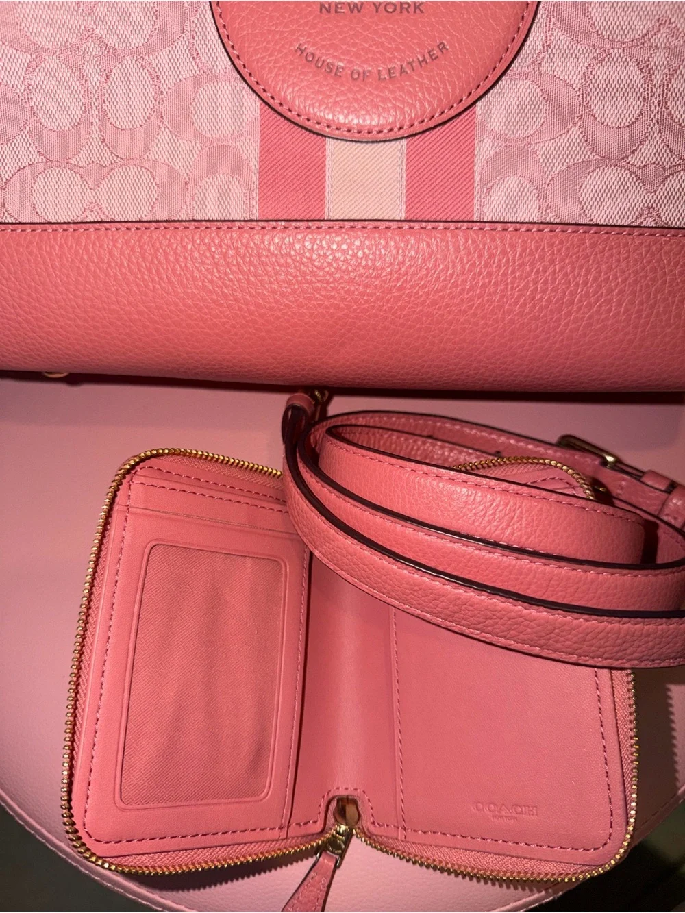 Coach Pink Signature Stripe Tote with Wallet and Strap
